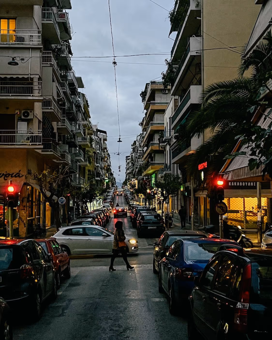 Athens street at dusk — atmospheric neighbourhood scene with warm lighting