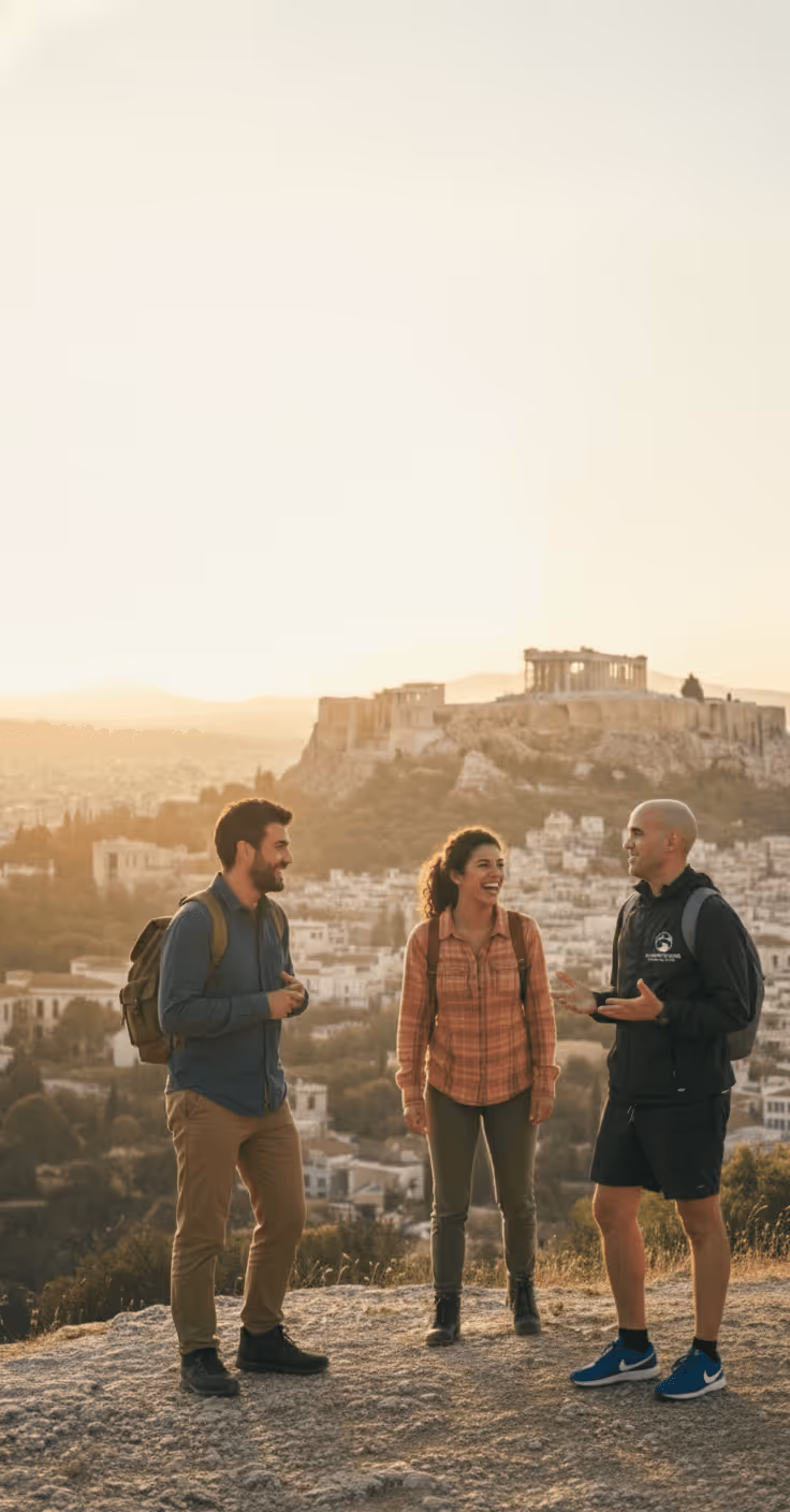 Sunset panorama over Athens from the summit of Lycabettus Hill at the end of a full walking day