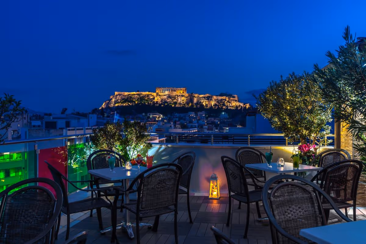 Attalos Hotel rooftop bar with Acropolis at night