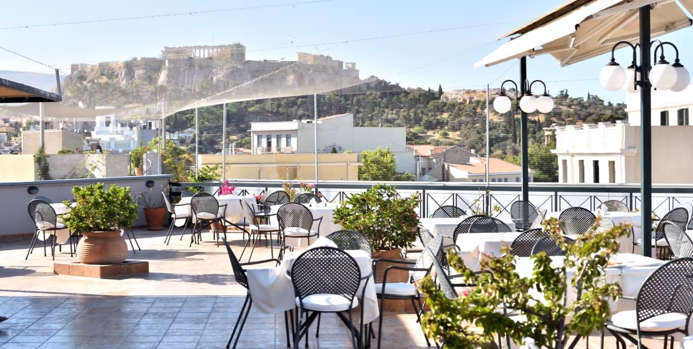 Jason Inn rooftop terrace with Acropolis view