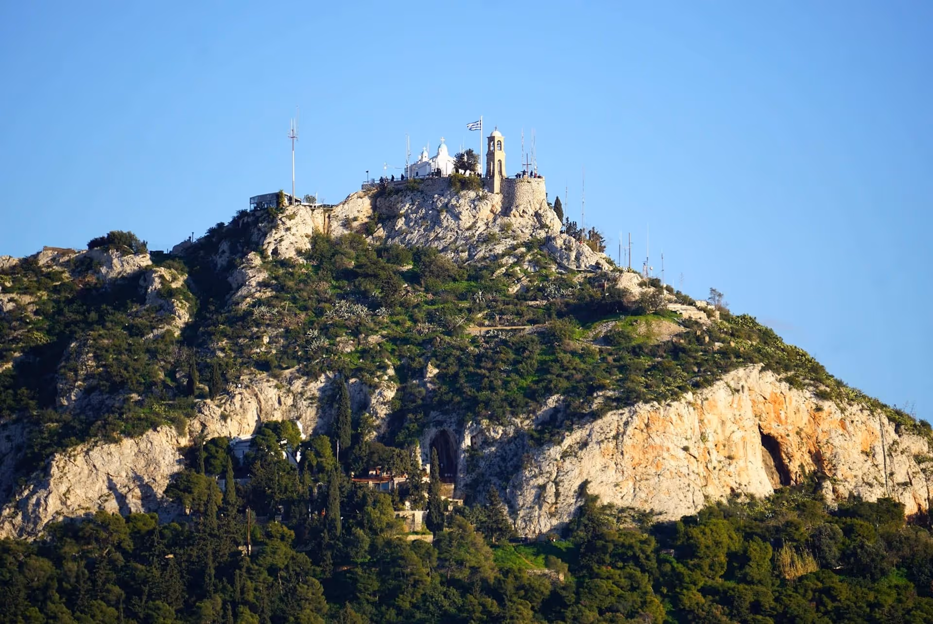 Lycabettus Hill rising above the Athens city skyline, 277 metres above sea level
